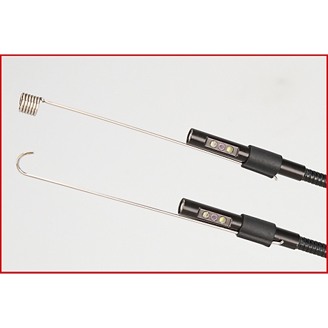 Zwei medizinische Instrumente, eines mit Haken, eines mit Spirale. Schwarze Griffe mit Licht. Neutraler Hintergrund.